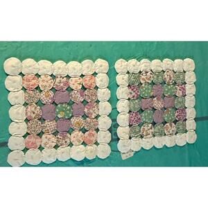 2 Vintage Handmade Yo-Yo‎ Quilt Blocks 10” X 10” Square Colorful W/ White Border